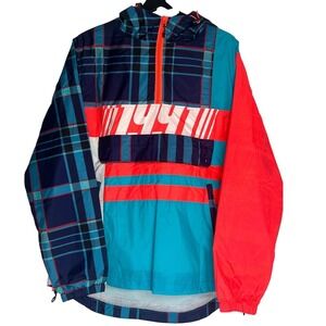 Smoke Rise Mens Teal Plaid Colorblock Half Zip Hooded Windbreaker Jacket Medium